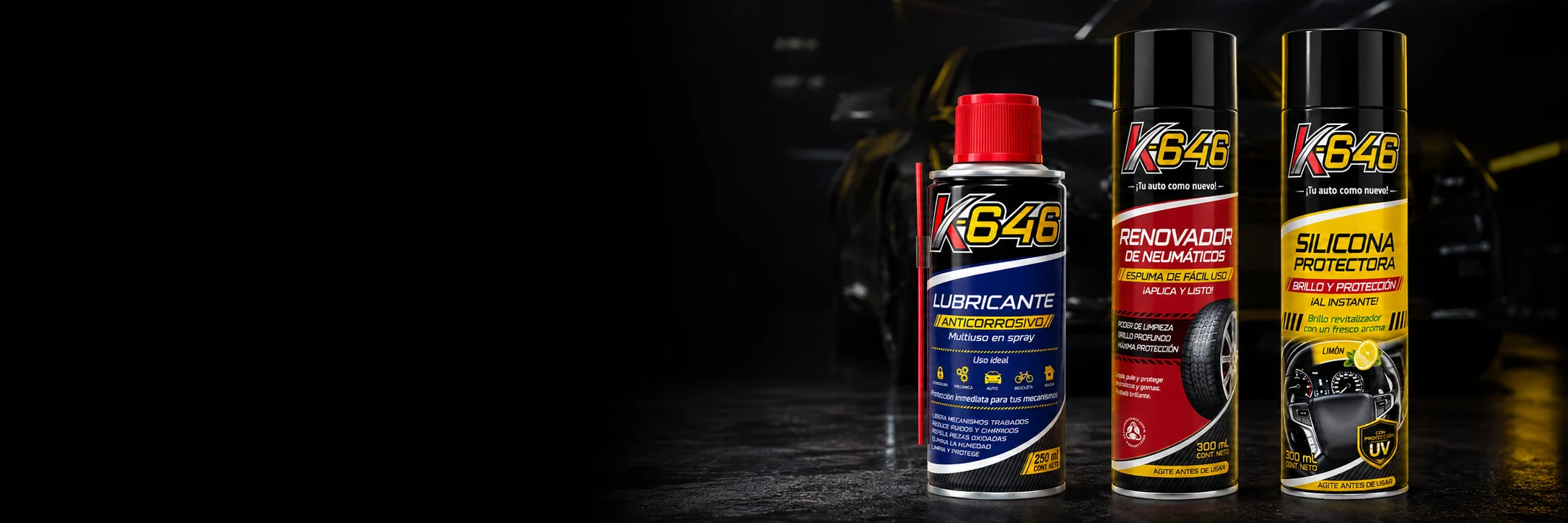 Línea K646: lubricante anticorrosivo, renovador de neumáticos y silicona protectora